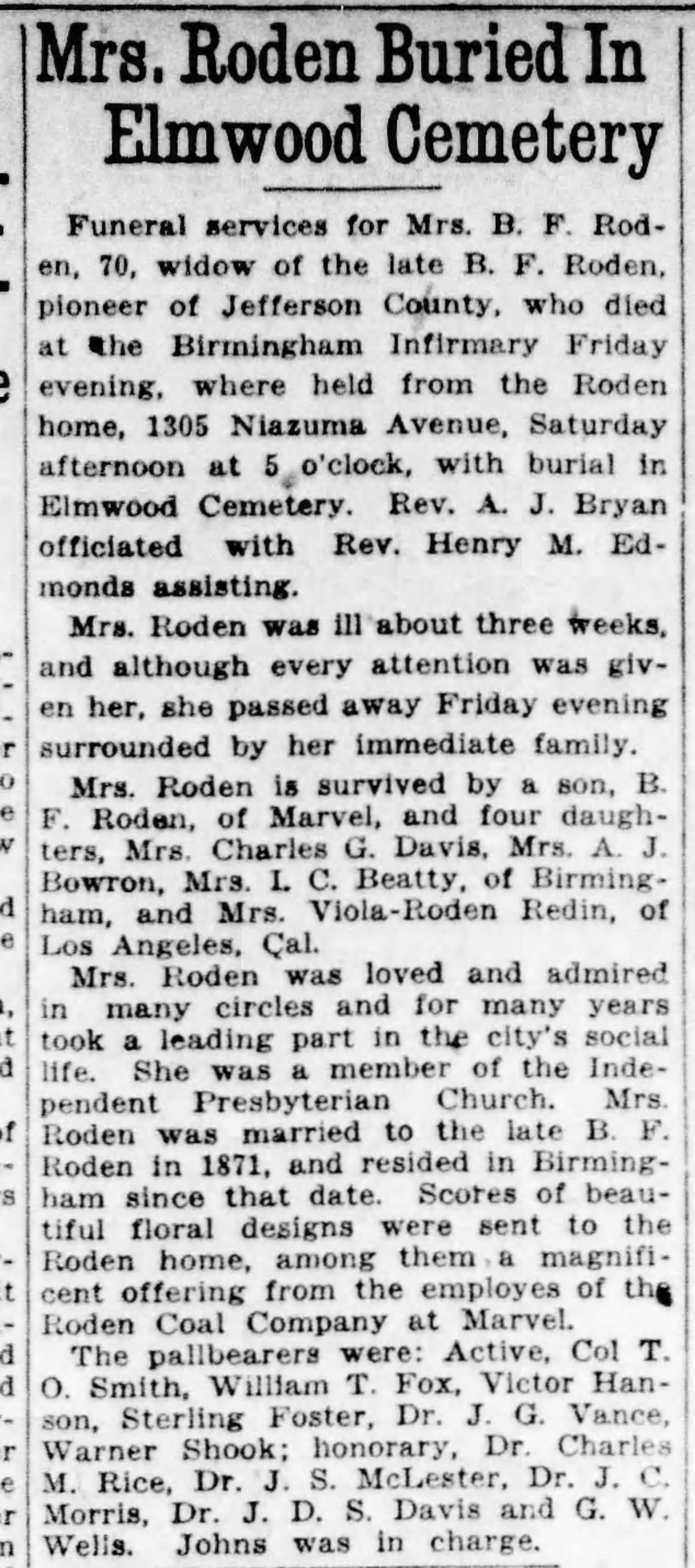 Mrs. B.F. Roden obituary